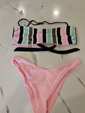 Striped Bandeau Top with Pink Bikini Bottoms
